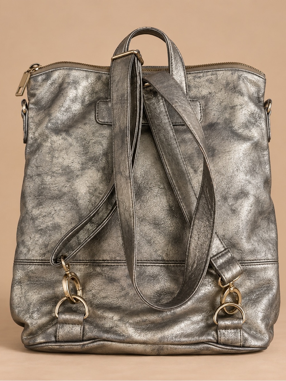 Metallic Silver Convertible Backpack Shoulder Bag Y2K Distressed Purse